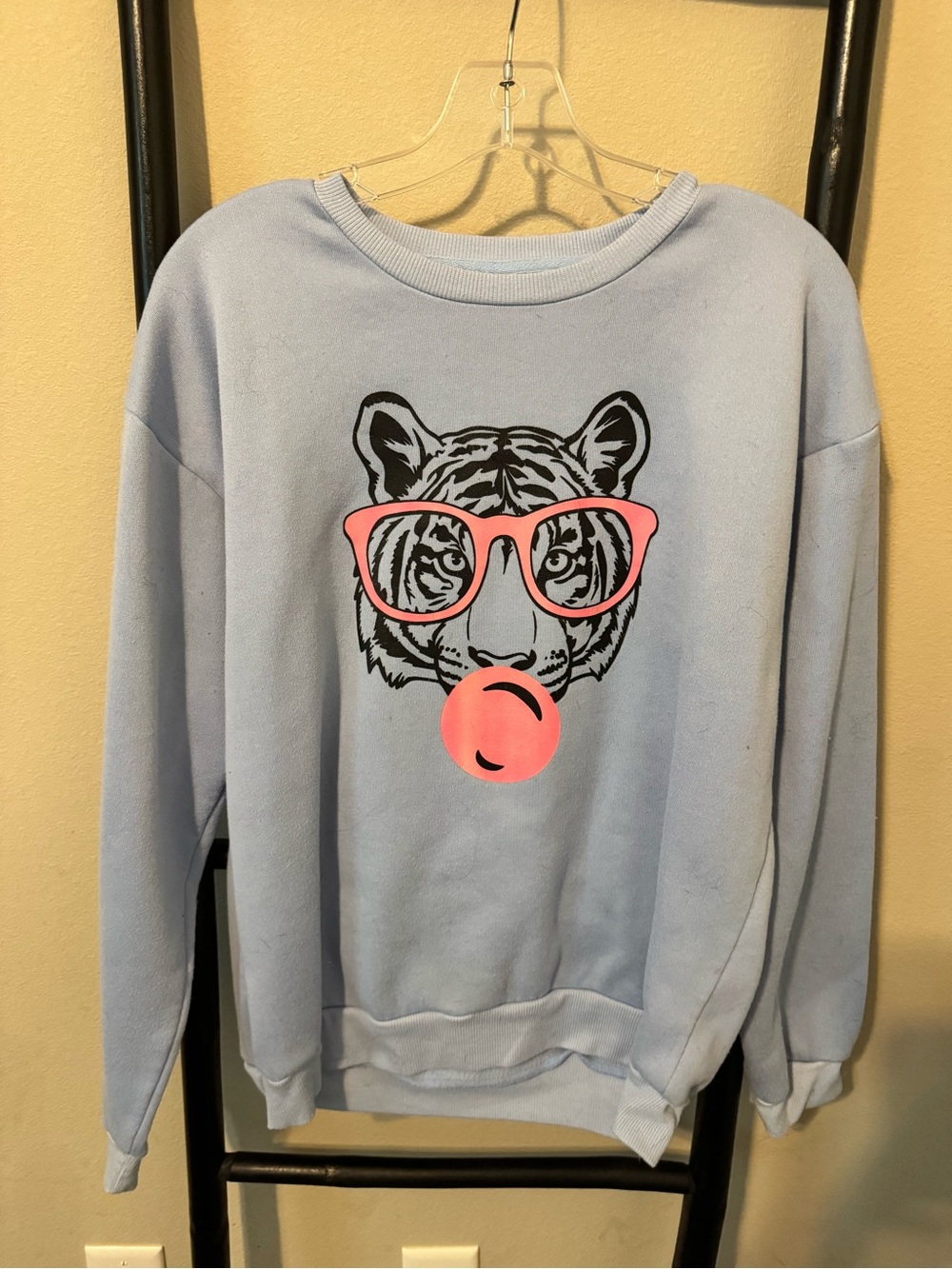 Light Blue Crewneck Sweatshirt with Tiger Graphic w/ pink sunglasses & bubble